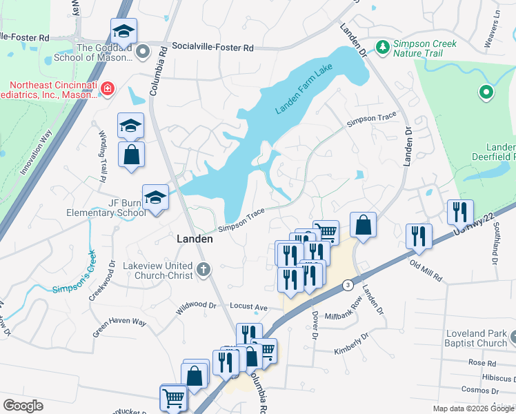 map of restaurants, bars, coffee shops, grocery stores, and more near 8580 Landen Cove in Maineville