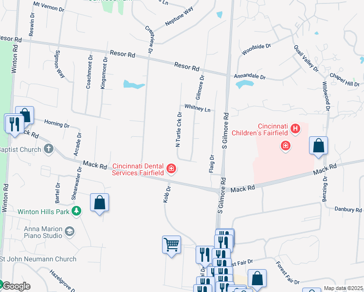 map of restaurants, bars, coffee shops, grocery stores, and more near 5976 North Turtlecreek Drive in Fairfield