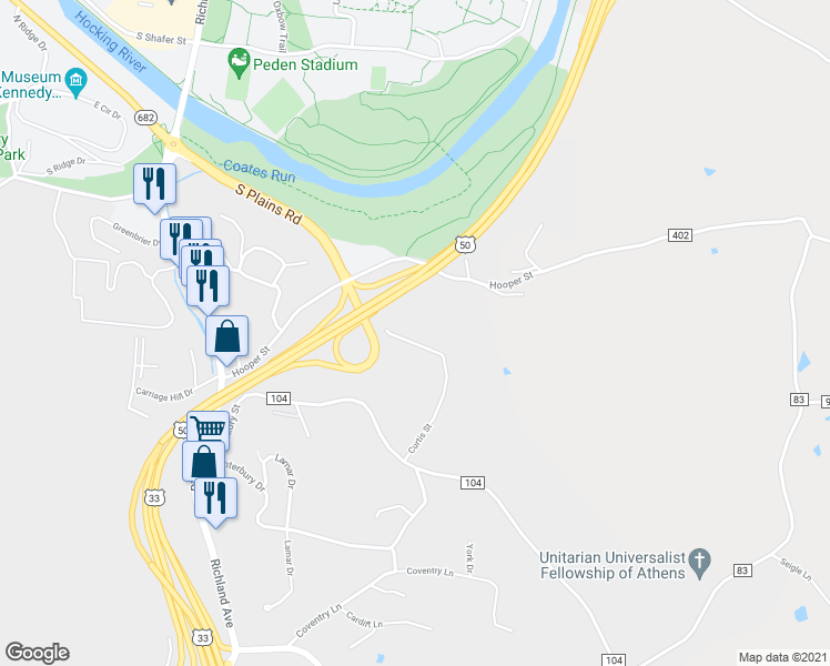 map of restaurants, bars, coffee shops, grocery stores, and more near 40 Curtis Street in Athens