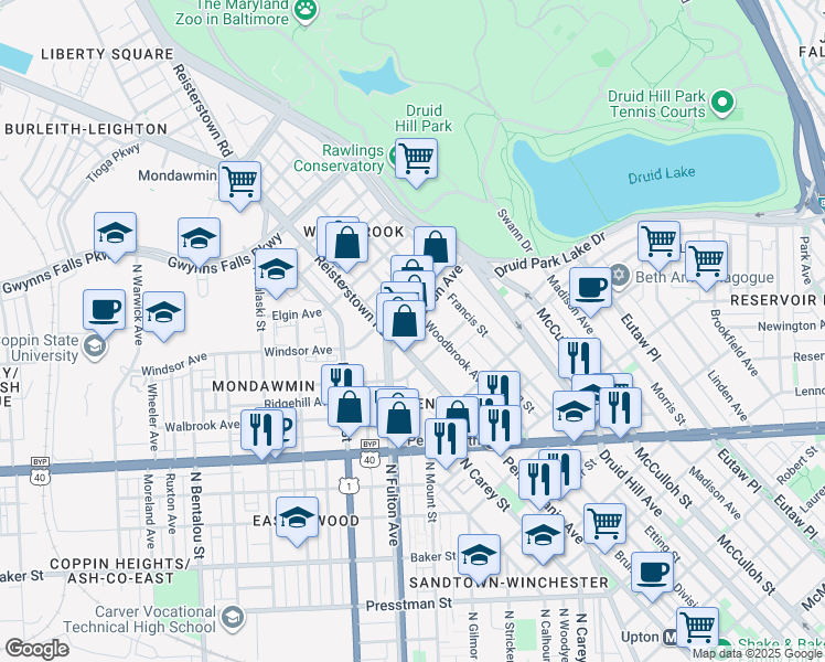 map of restaurants, bars, coffee shops, grocery stores, and more near 2213 North Fulton Avenue in Baltimore