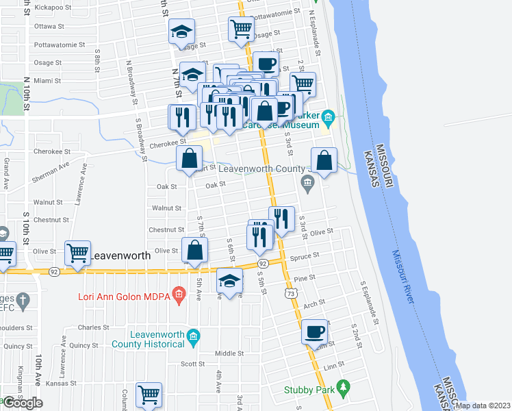 map of restaurants, bars, coffee shops, grocery stores, and more near 601 South 5th Street in Leavenworth
