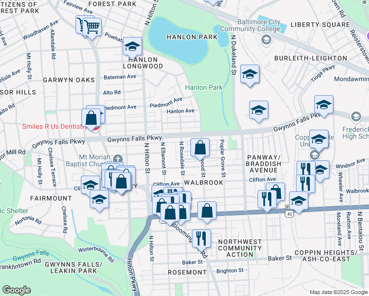 map of restaurants, bars, coffee shops, grocery stores, and more near 2307 North Rosedale Street in Baltimore