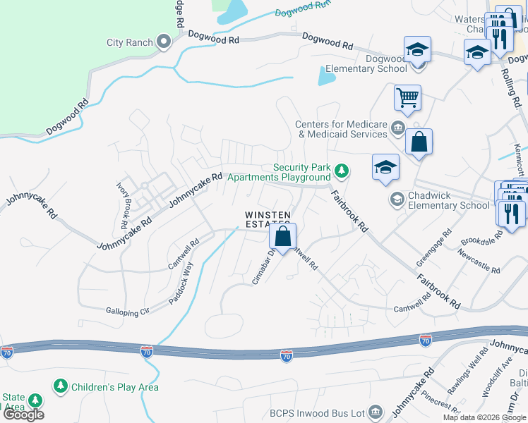 map of restaurants, bars, coffee shops, grocery stores, and more near 7711 Cornerstone Way in Woodlawn