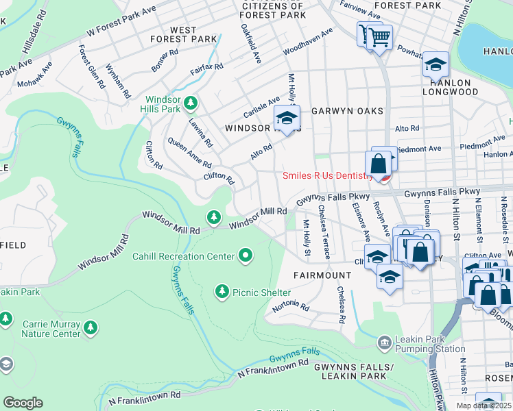 map of restaurants, bars, coffee shops, grocery stores, and more near 2300 Monticello Road in Baltimore