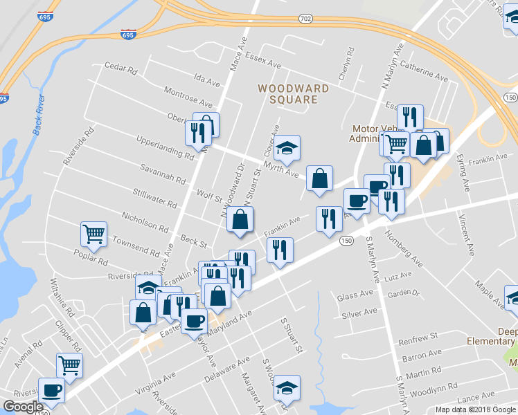 map of restaurants, bars, coffee shops, grocery stores, and more near 705 Myrth Avenue in Baltimore