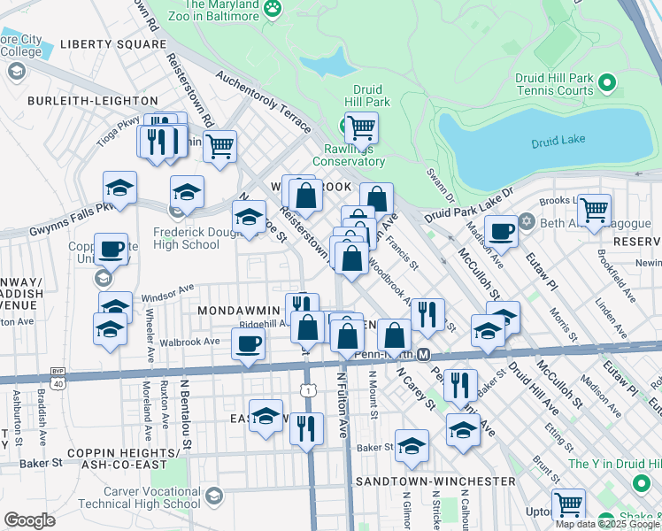 map of restaurants, bars, coffee shops, grocery stores, and more near 2212 Reisterstown Road in Baltimore