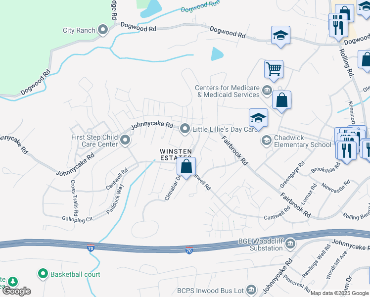 map of restaurants, bars, coffee shops, grocery stores, and more near 7756 Cornerstone Way in Woodlawn