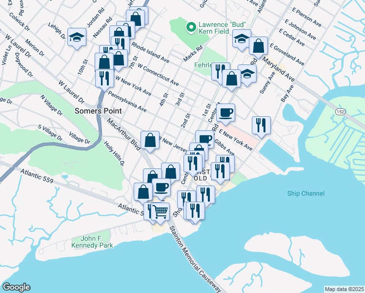 map of restaurants, bars, coffee shops, grocery stores, and more near 105 West New Jersey Avenue in Somers Point