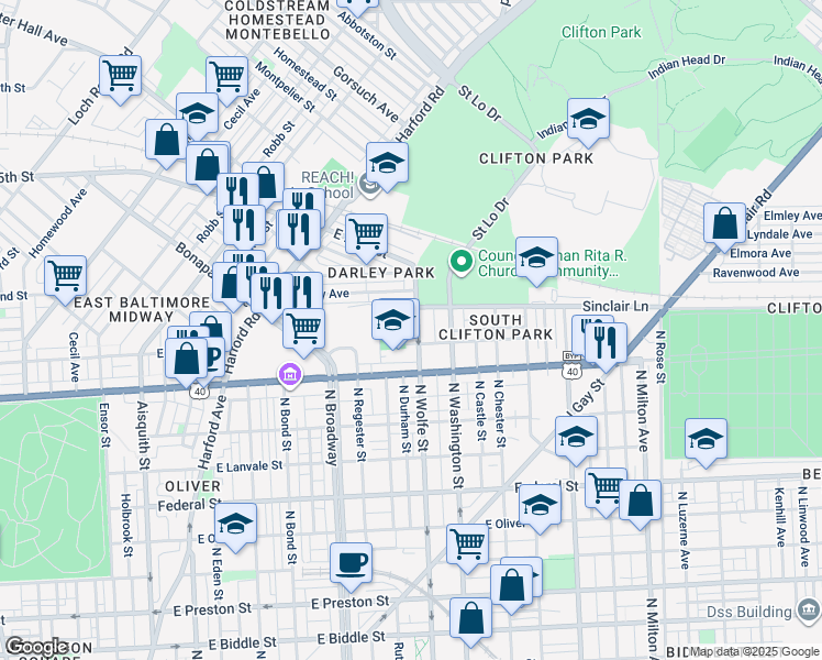 map of restaurants, bars, coffee shops, grocery stores, and more near 2014 North Wolfe Street in Baltimore