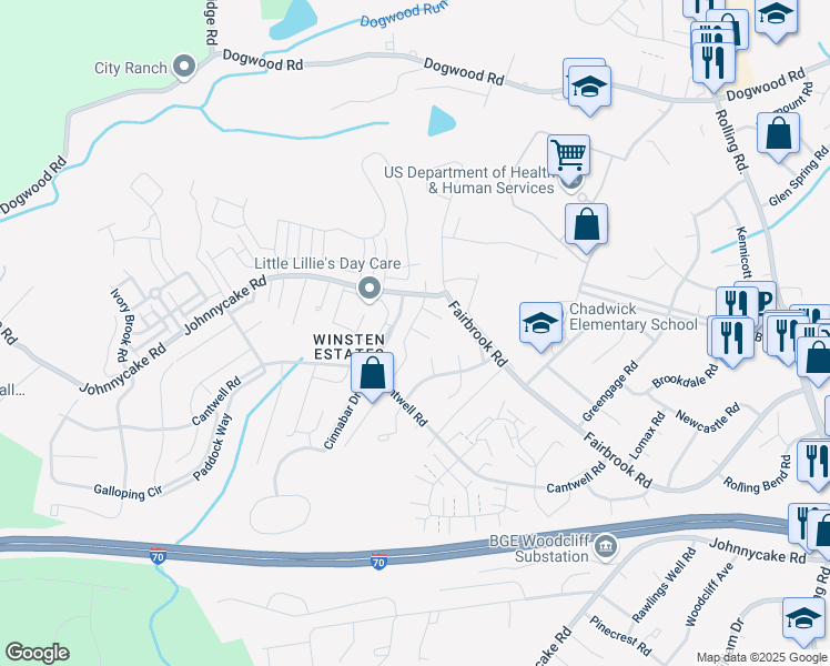 map of restaurants, bars, coffee shops, grocery stores, and more near 8 Kellys Court in Woodlawn