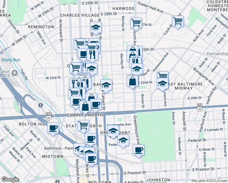 map of restaurants, bars, coffee shops, grocery stores, and more near 300 East 21st Street in Baltimore