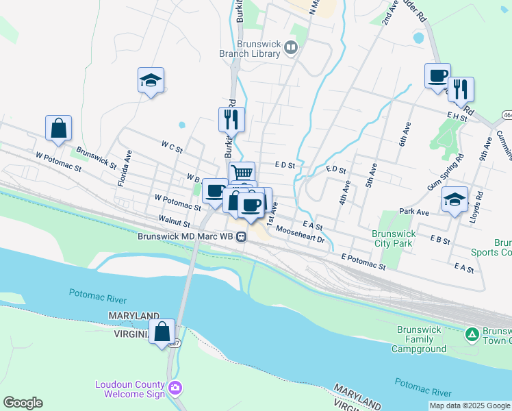 map of restaurants, bars, coffee shops, grocery stores, and more near 9 East A Street in Brunswick