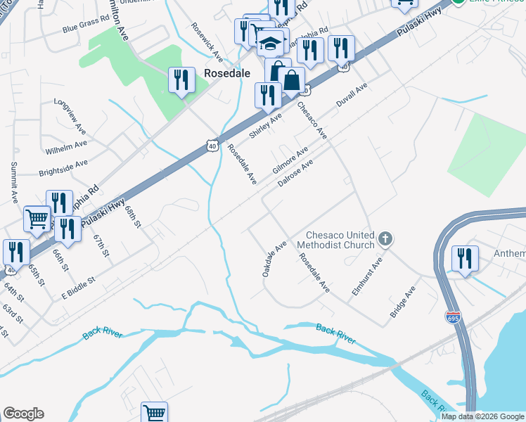 map of restaurants, bars, coffee shops, grocery stores, and more near 1023 Rosedale Avenue in Rosedale
