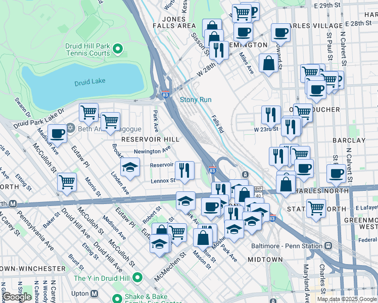 map of restaurants, bars, coffee shops, grocery stores, and more near 2124 Mt Royal Terrace in Baltimore