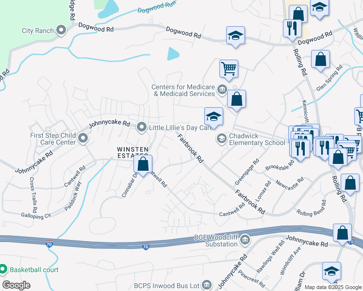 map of restaurants, bars, coffee shops, grocery stores, and more near 36 Running Brooke Drive in Woodlawn