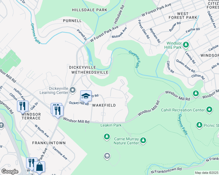 map of restaurants, bars, coffee shops, grocery stores, and more near 2307 Wheatley Drive in Baltimore