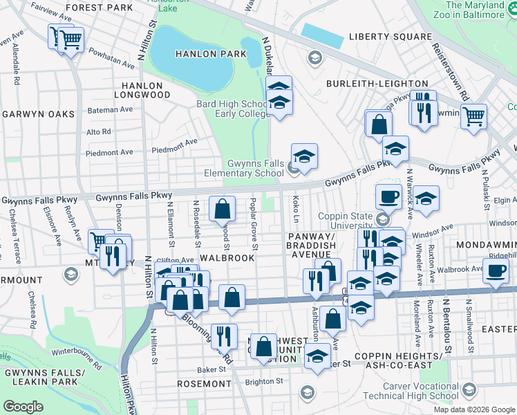 map of restaurants, bars, coffee shops, grocery stores, and more near 2305 Poplar Grove Street in Baltimore