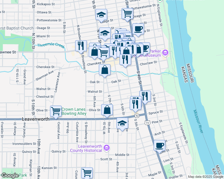 map of restaurants, bars, coffee shops, grocery stores, and more near 620 Walnut Street in Leavenworth