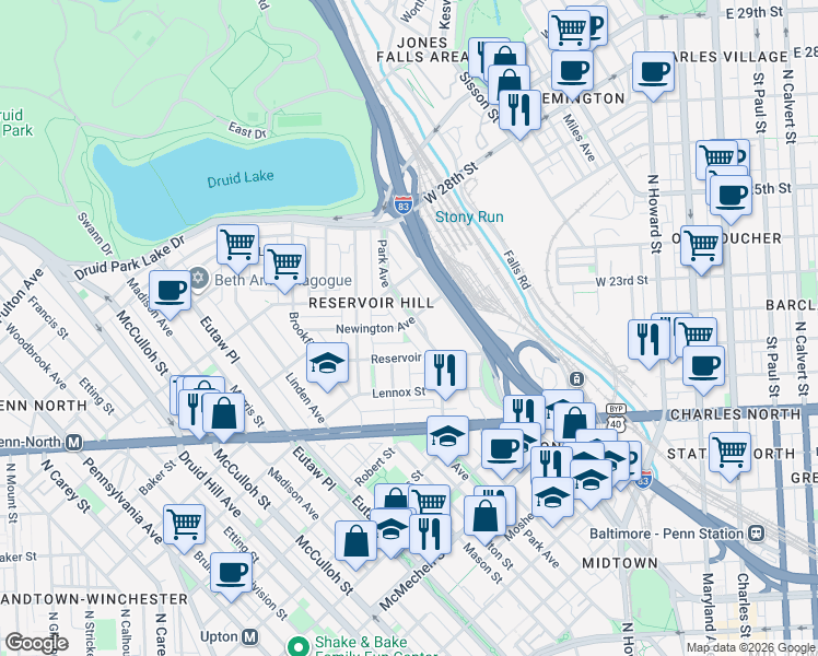 map of restaurants, bars, coffee shops, grocery stores, and more near 2040 Park Avenue in Baltimore