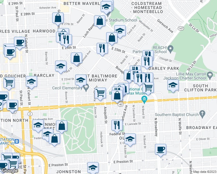 map of restaurants, bars, coffee shops, grocery stores, and more near 2100 Aisquith Street in Baltimore