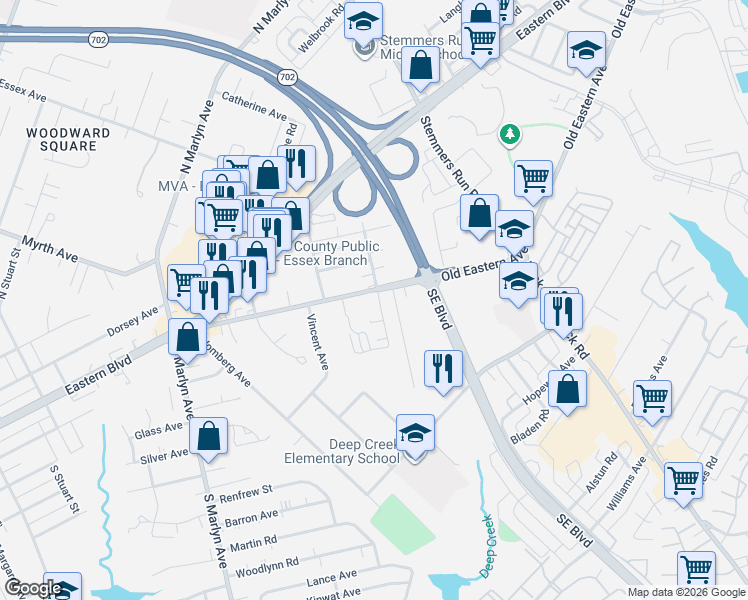 map of restaurants, bars, coffee shops, grocery stores, and more near 1323 Eastern Boulevard in Essex