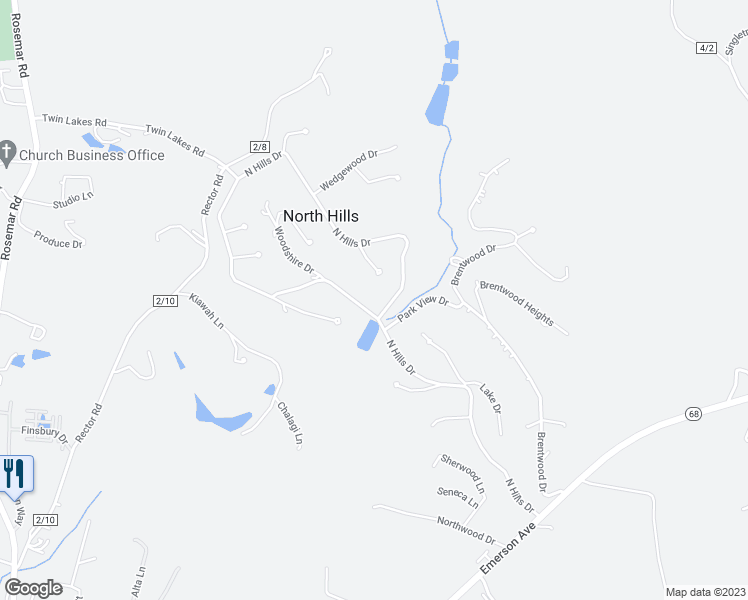 map of restaurants, bars, coffee shops, grocery stores, and more near 119 North Hills Drive in Parkersburg