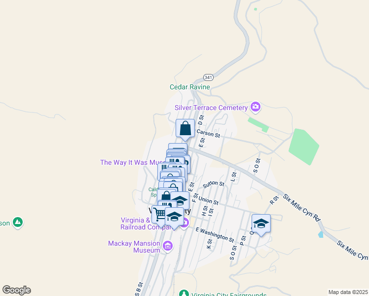 map of restaurants, bars, coffee shops, grocery stores, and more near 174 C Street in Virginia City