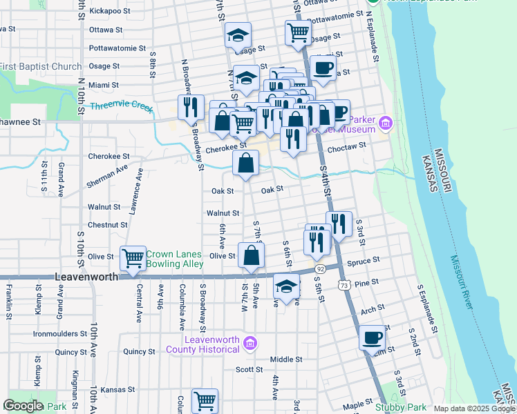 map of restaurants, bars, coffee shops, grocery stores, and more near 620 Walnut Street in Leavenworth