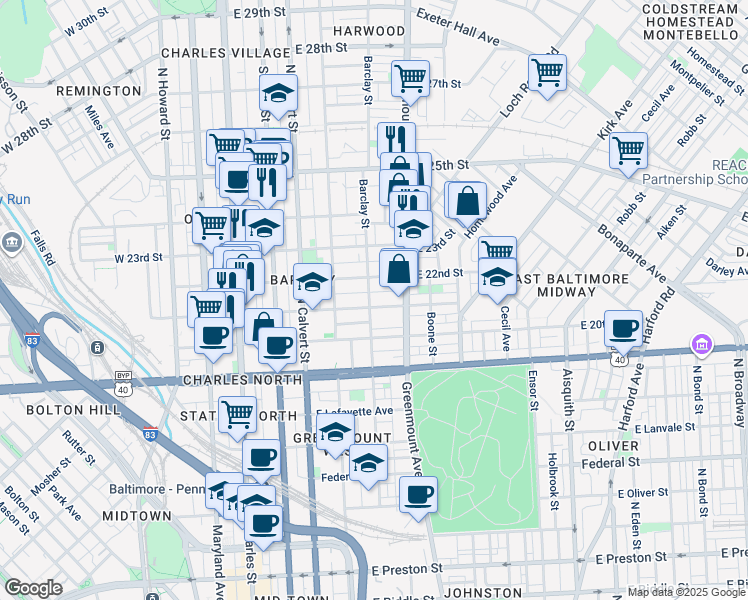 map of restaurants, bars, coffee shops, grocery stores, and more near 2105 Barclay Street in Baltimore