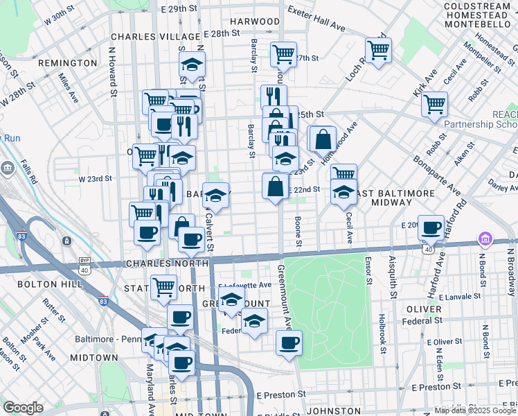 map of restaurants, bars, coffee shops, grocery stores, and more near 2105 Barclay Street in Baltimore