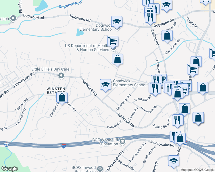 map of restaurants, bars, coffee shops, grocery stores, and more near 1918 Winder Road in Woodlawn