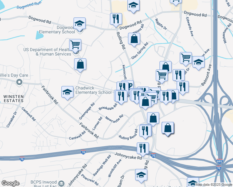 map of restaurants, bars, coffee shops, grocery stores, and more near 7153 Security Boulevard in Baltimore