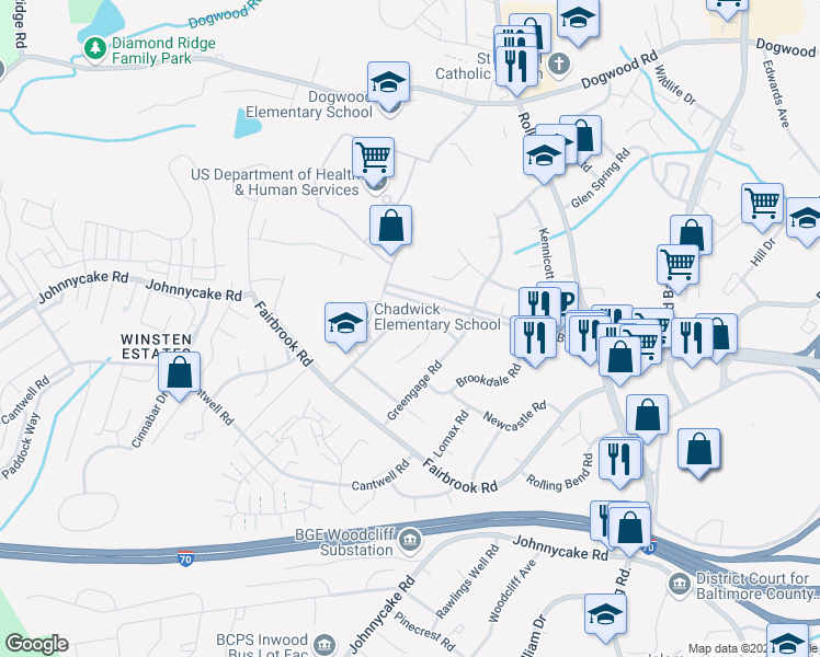 map of restaurants, bars, coffee shops, grocery stores, and more near 1933 Winder Road in Woodlawn