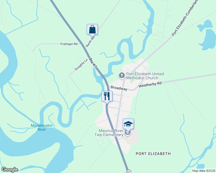 map of restaurants, bars, coffee shops, grocery stores, and more near 3506 New Jersey 47 in Millville