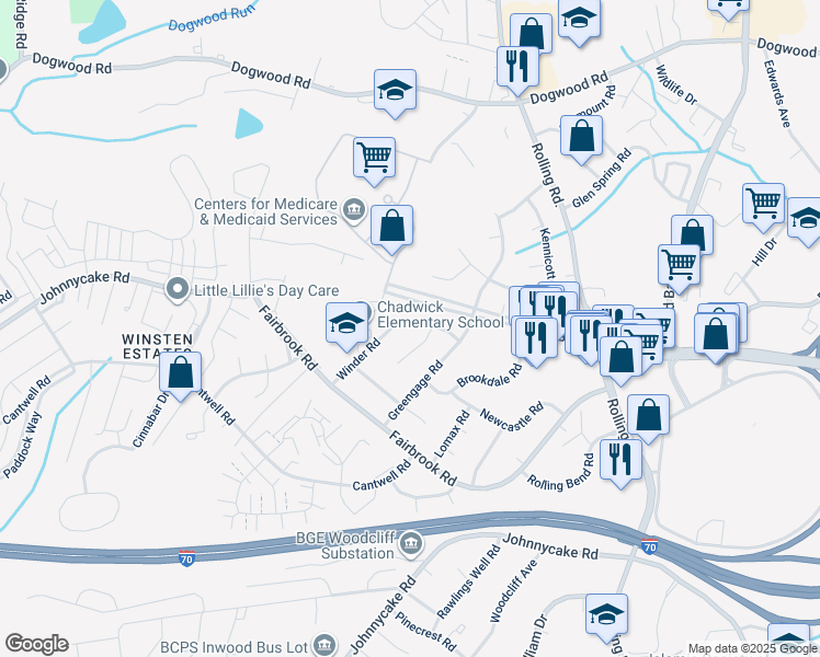 map of restaurants, bars, coffee shops, grocery stores, and more near 1933 Winder Road in Woodlawn