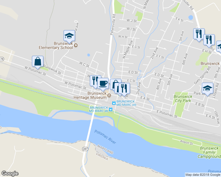 map of restaurants, bars, coffee shops, grocery stores, and more near 0 North Maryland Avenue in Brunswick