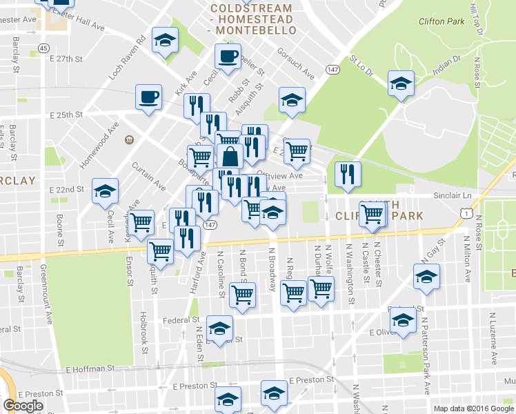 map of restaurants, bars, coffee shops, grocery stores, and more near 2001 N Broadway in Baltimore