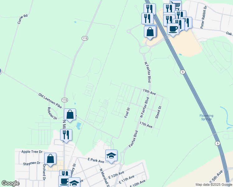map of restaurants, bars, coffee shops, grocery stores, and more near 1321 Red Clover Lane in Ranson