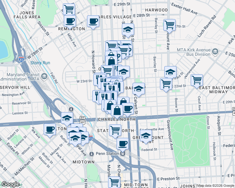 map of restaurants, bars, coffee shops, grocery stores, and more near 2115 North Charles Street in Baltimore