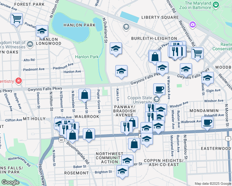 map of restaurants, bars, coffee shops, grocery stores, and more near 2314 Koko Lane in Baltimore