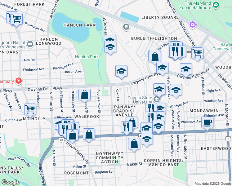 map of restaurants, bars, coffee shops, grocery stores, and more near 2314 Koko Lane in Baltimore