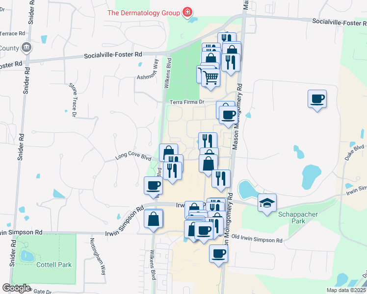 map of restaurants, bars, coffee shops, grocery stores, and more near 8579 Arrowwood Drive in Mason