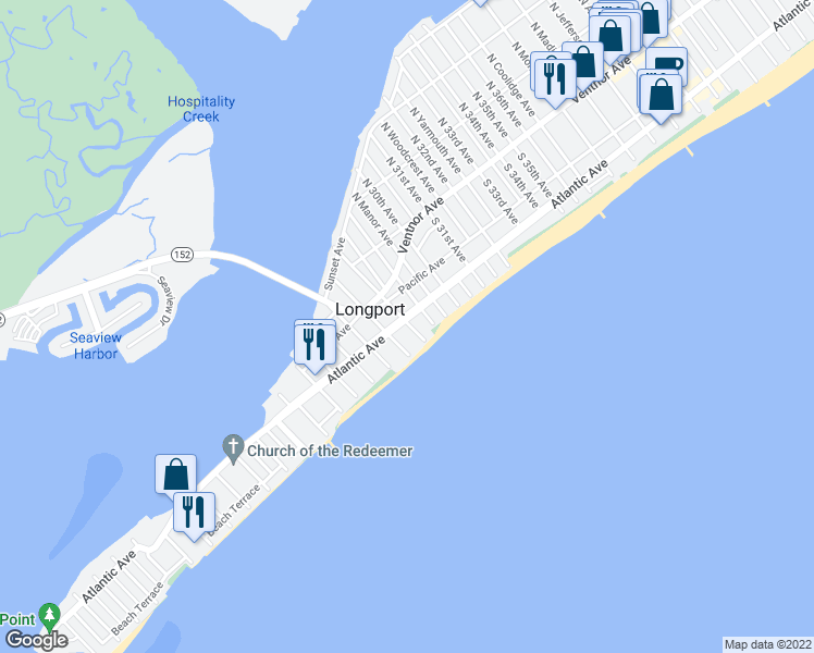 map of restaurants, bars, coffee shops, grocery stores, and more near 2834 Atlantic Avenue in Longport