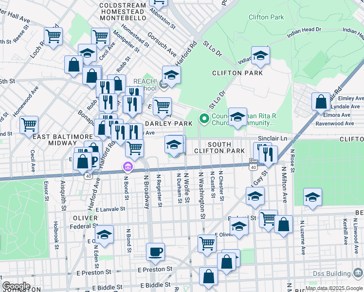 map of restaurants, bars, coffee shops, grocery stores, and more near 2022 North Wolfe Street in Baltimore
