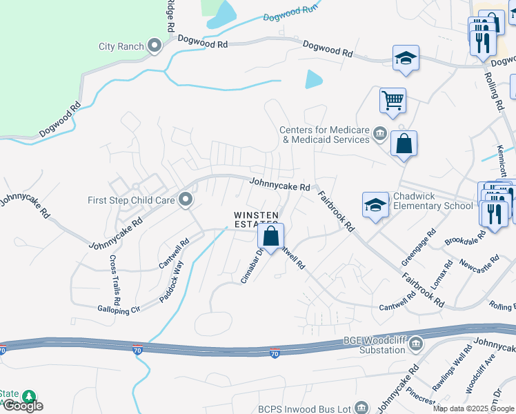 map of restaurants, bars, coffee shops, grocery stores, and more near 2 Gemstone Court in Woodlawn