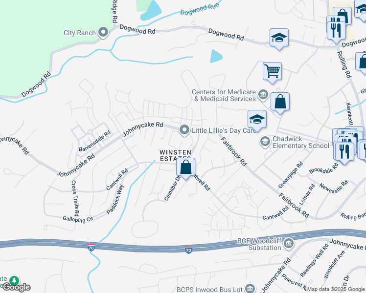 map of restaurants, bars, coffee shops, grocery stores, and more near 11 Gemstone Court in Woodlawn