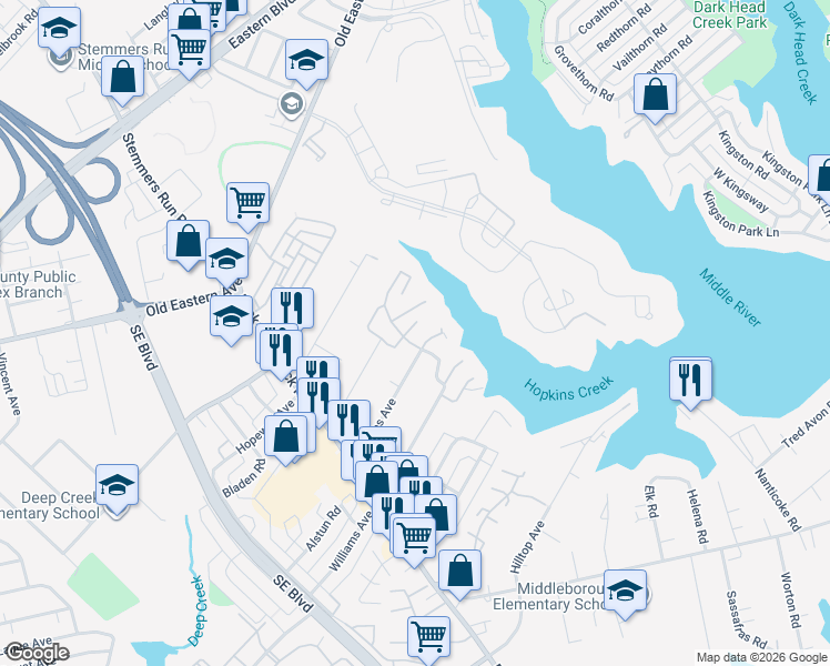 map of restaurants, bars, coffee shops, grocery stores, and more near 1 Helmsman Court in Essex