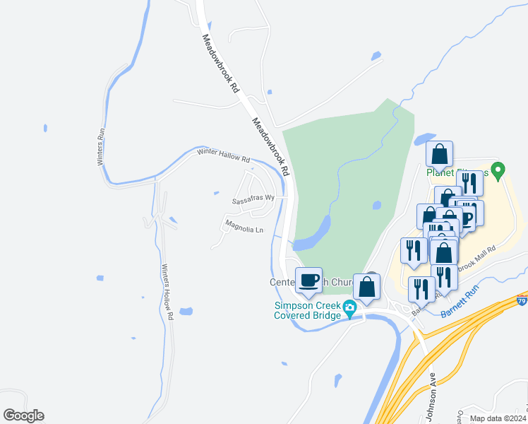 map of restaurants, bars, coffee shops, grocery stores, and more near Glen Falls Road in Clarksburg