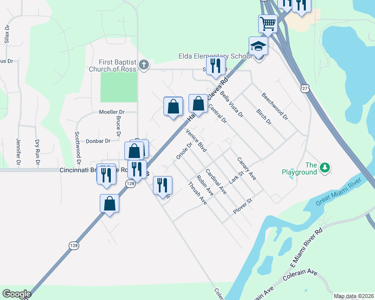 map of restaurants, bars, coffee shops, grocery stores, and more near 2370 Robin Avenue in Fairfield