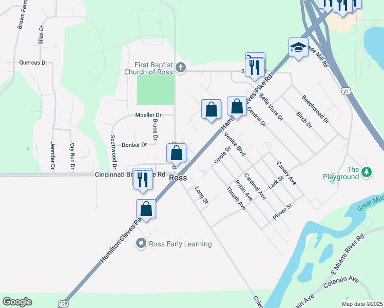 map of restaurants, bars, coffee shops, grocery stores, and more near 4259 Hamilton Cleves Road in Fairfield